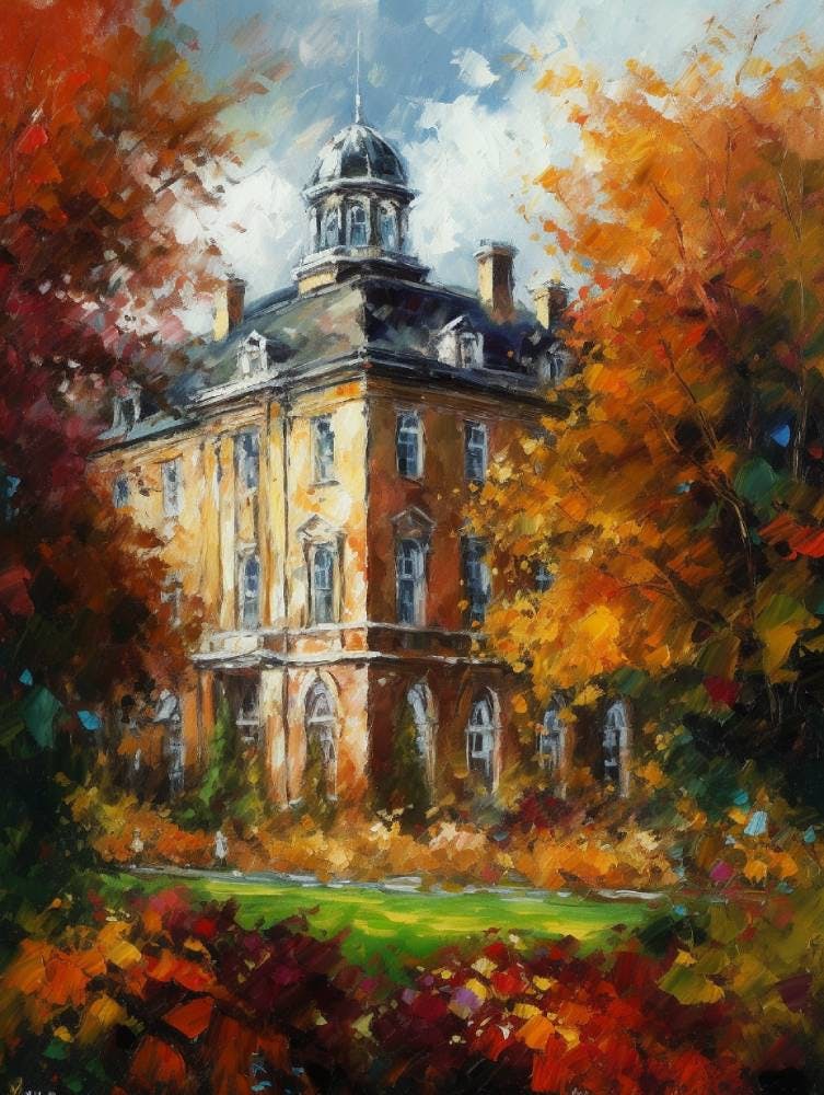 A MidJourney generated image of a University of Exeter building in an oil painting style.