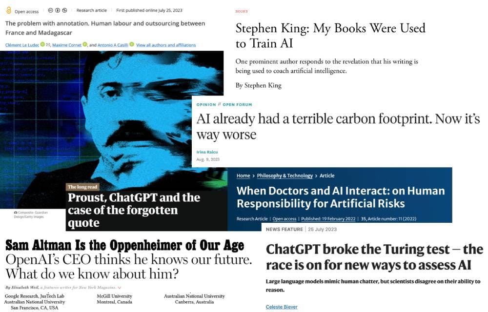 A collage of headlines and research articles about AI.